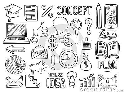 Business doodles. Creative items for work money office computer note pen education tools manager items vector hand drawn Vector Illustration