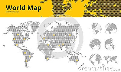 Business dotted world map with marked economic centers and earth globes showing all continents Vector Illustration