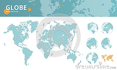 Business dotted world map with marked economic centers and earth globes Vector Illustration