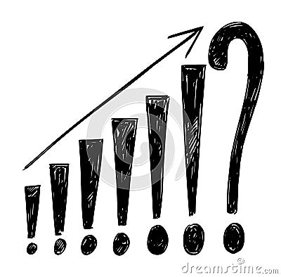 Business Drawing of Growing Graph Represented by Exclamation Points and Question Mark and Unsure Future Vector Illustration