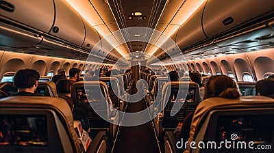 Business or Economy, A Commercial Airplane Flight, Passengers Seated in Comfortable Seats, Generative AI Stock Photo
