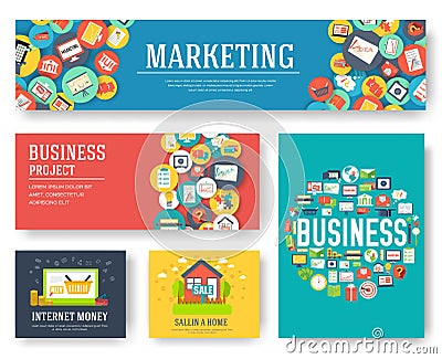 Business elements cards set. Marketing template of flyear, magazines, book cover, banners, booklet. idea infographic concept backg Cartoon Illustration