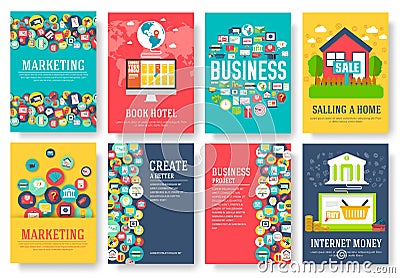 Business elements cards set. Marketing template of flyear, magazines, book cover, banners, booklet. idea infographic concept backg Cartoon Illustration