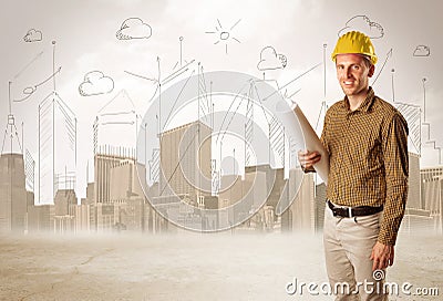 Business engineer planing at construction site with city background Stock Photo