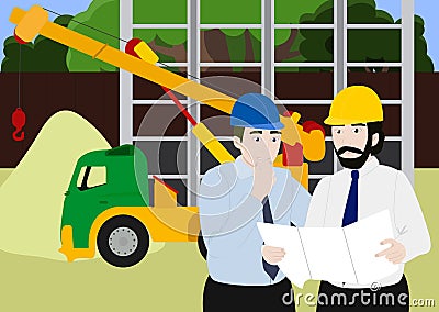 Business Engineer and worker teamwork ,Building under Construction site background ,infographics Construction , Vector Vector Illustration
