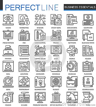 Business essential outline concept symbols. Strategy management perfect thin line icons. Modern stroke linear style Vector Illustration