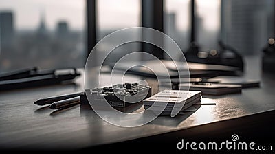 Business Essentials on a Wooden Table with Cityscape View Stock Photo