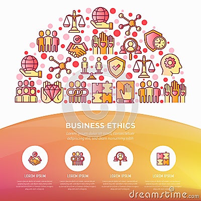 Business ethics concept in half circle with thin line icons: union, honesty, responsibility, justice, commitment, no to racism, Vector Illustration