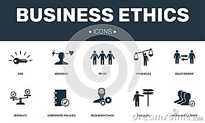 Business Ethics set icons collection. Includes simple elements such as CSR, Behavior, Trust, Principles and Morality Vector Illustration