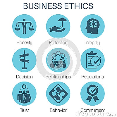 Business Ethics Solid Icon Set with Honesty, Integrity, Commitment, and Decision Vector Illustration