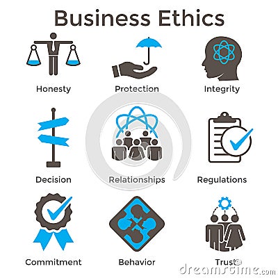 Business Ethics Solid Icon Set with Honesty, Integrity, Commitment, and Decision Vector Illustration