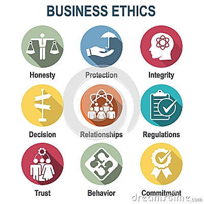 Business Ethics Solid Icon Set with Honesty, Integrity, Commitment, and Decision Vector Illustration