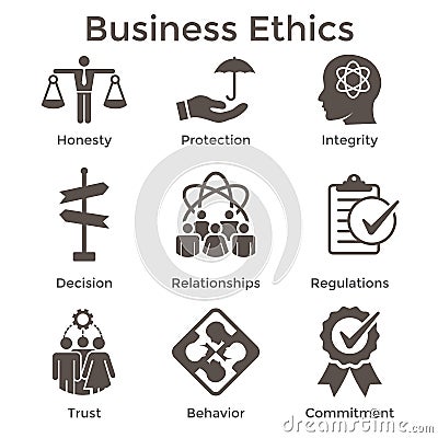 Business Ethics Solid Icon Set with Honesty, Integrity, Commitment, and Decision Vector Illustration