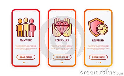 Business ethics thin line icons set: teamwork, core values, reliability. Vector illustration for user mobile interface Vector Illustration