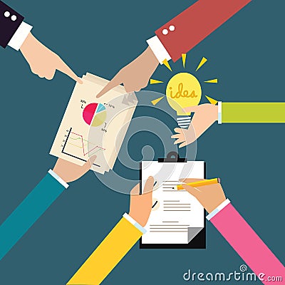 Business exchange ideas brainstorm hands on table making notes sharing chart and light bulb Vector Illustration