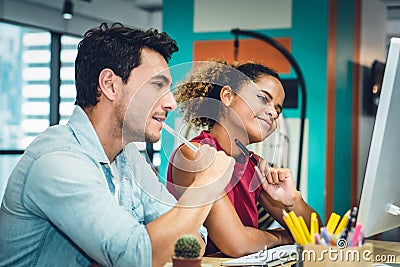 Business executive couple happy working together Stock Photo