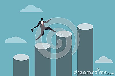 Business executive jumps on top of pillars of increasing heights Vector Illustration