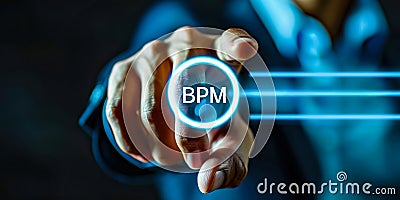 Business executive pointing to BPM Business Process Management approach to streamlining and optimizing organizational workflows Stock Photo
