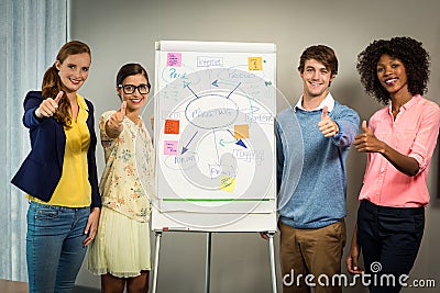 Business executives standing with flowchart on white board Stock Photo