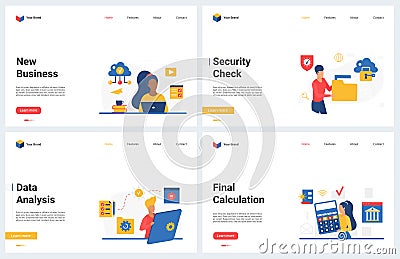 Business expert data analysis, calculation safe cloud technology concept landing page set Vector Illustration