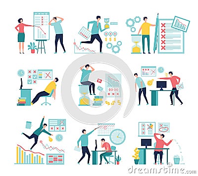 Business fail. Lossing managers bad management processes failed paperwork low graphs and indicators vector concept Vector Illustration