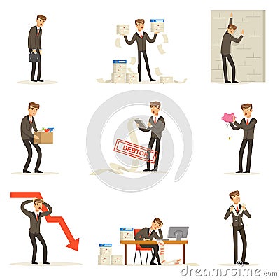 Business Fail And Manager Suffering Loss And Being In Debt Set Of Bankruptcy And Company Failure Vector Illustrations Vector Illustration