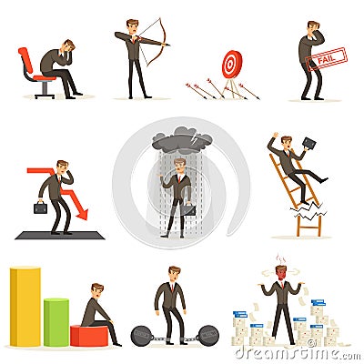 Business Fail And Manager Suffering Loss And Being In Debt Set Of Buncrupcy And Company Failure Vector Illustrations Vector Illustration