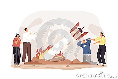 Business fail, startup failure, and crisis concept. Unhappy unsuccessful entrepreneurs at fallen rocket. Hard problems Vector Illustration