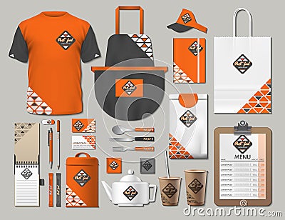 Business fastfood corporate identity items set. Vector fastfood orange Color promotional uniform, apron, menu, timetable Vector Illustration