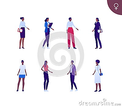 Business female african american ethnic people set. Vector flat person illustration. Group of corporate women in different cloth Cartoon Illustration