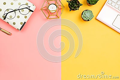 Business feminine mockup with smartphone pink laptop, succulent flowers Stock Photo