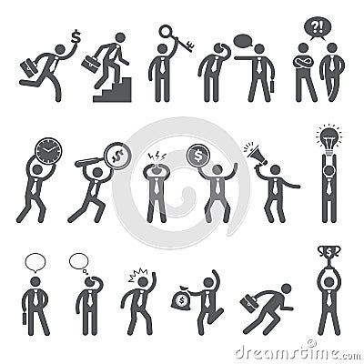 Business figures. Simple stick characters in action poses managers bosses working man business conversation dialogue Vector Illustration