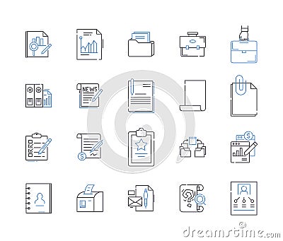 Business files and folders outline icons collection. file, folder, document, report, spreadsheet, presentation, proposal Vector Illustration