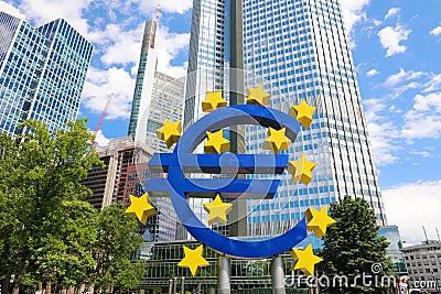 Business and finance concept with giant Euro sign at European Central Bank headquarters in the morning, business district in Editorial Stock Photo