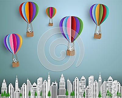 Business and finance concept,group of currency sign with colorful hot air balloon floating on the city Vector Illustration