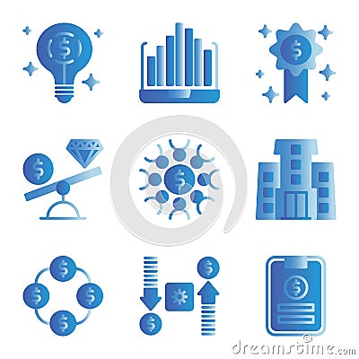 Business and Finance icon set include lamp,chart,award,scale,teamwork,government,money,memo Vector Illustration