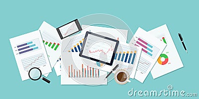 Business finance and investment banner and mobile device for business.report paper.graph analyze background Vector Illustration
