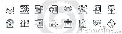 business and finance line icons. linear set. quality vector line set such as piggy bank, report, making, confidentiality, deposit Vector Illustration