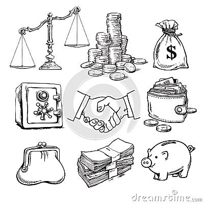 Business finance money set. Scales, stack of coins, sack of dollars, credit card, handshake, paper money, purse. wallet Vector Illustration