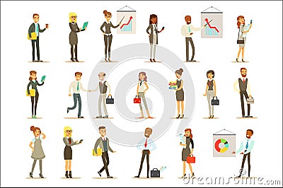 Business, Finance And Office Employees In Suits Busy At Work Set Of Cartoon Businessman And Businesswoman Characters Vector Illustration