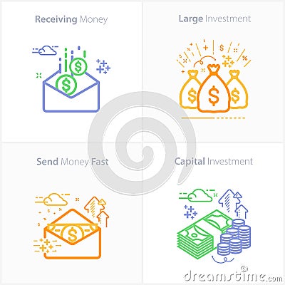 Business and finance : Receiving money icon / Large investment icon / Send money fast icon / Capital Investment icon Vector Illustration