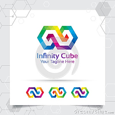 Business finance vector logo design with concept of linked shape and square connect infinity symbol icon illustration Vector Illustration