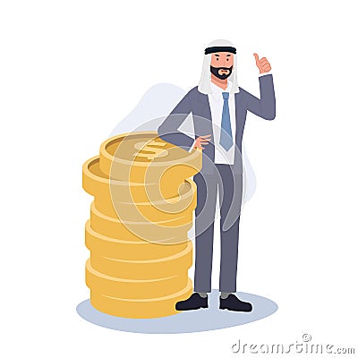 Business Finance Wealth and Success concept. Arab Man in Suit with Thumb Up near stack of coin Vector Illustration