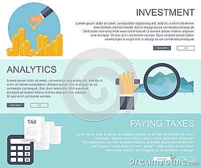 Business and finances concepts. Investment, business analytics, paying taxes banners. Flat vector illustration Cartoon Illustration