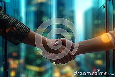 Two businesswomen handshake. Generative AI Stock Photo