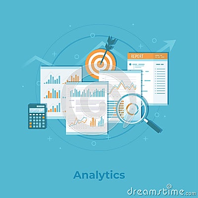 Business financial data analytics. Analysis, statistics, audit reporting. Documents with graphs, charts. Business vector Vector Illustration