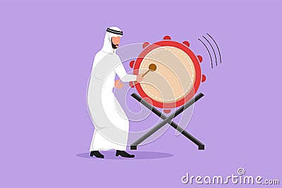 Business flat cartoon drawing Arab man character hitting bedug or traditional drum for suhoor and iftar time Ramadan. Muslim Cartoon Illustration