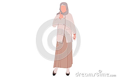 Business flat cartoon style drawing Arab businesswoman show thumb lifted up sign. Thumb up gesture in very good hand sign, satisfy Cartoon Illustration