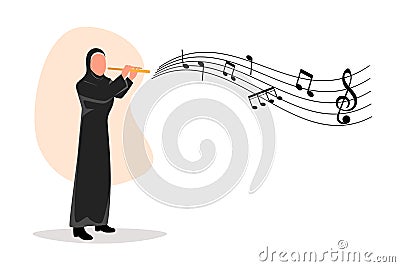 Business flat cartoon style drawing Arab female musician playing flute. Flutist performing classical music on wind instrument. Cartoon Illustration