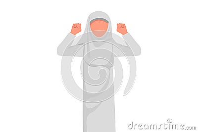 Business flat cartoon style drawing happy Arabian businesswoman with gesture two hands fist up. Strong office worker chasing Cartoon Illustration